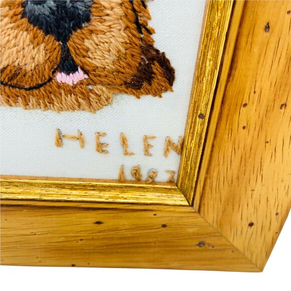 Embroidered Puppy Chicks Framed Art Vintage 1987 Handmade Crewel Dog Bird Retro - Picture 4 of 16